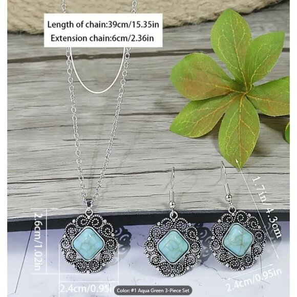 Bohemian Style Simulated Silver & Turquoise Jewelry Set: Necklace & Earrings NEW - Picture 4 of 6